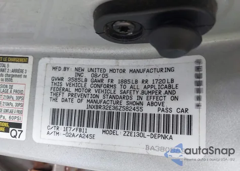 2006 Toyota Corolla Le from USA, damaged, VIN 1NXBR32E36Z582455